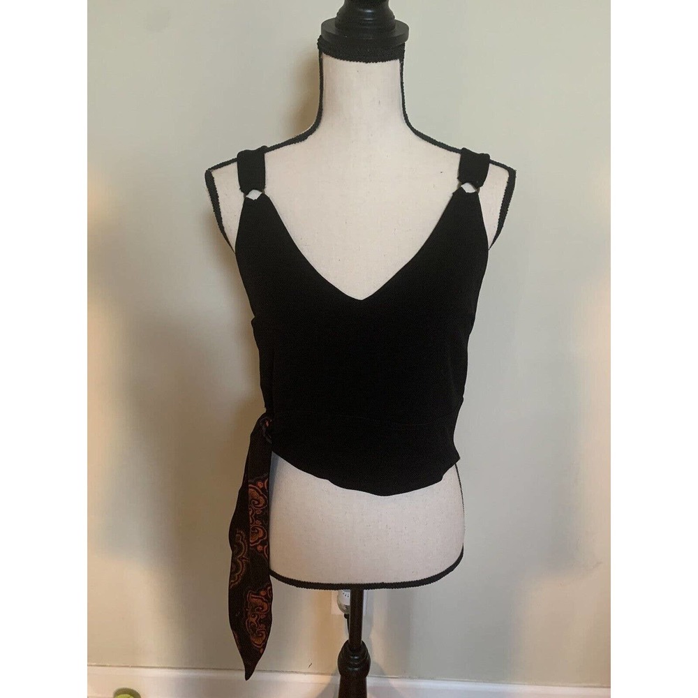 Free People M Paisley Pop Cropped Top Black Sleeveless Side Tie Vneck Tank New - Picture 7 of 14